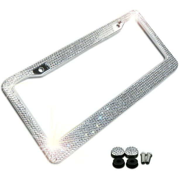 Otostar Bling License Plate Frame Handcrafted 6 Rows Shiny Rhinestones Stainless Steel 2 Holes License Plate Frame with Anti-Theft Screws Caps Set Hot Pink 